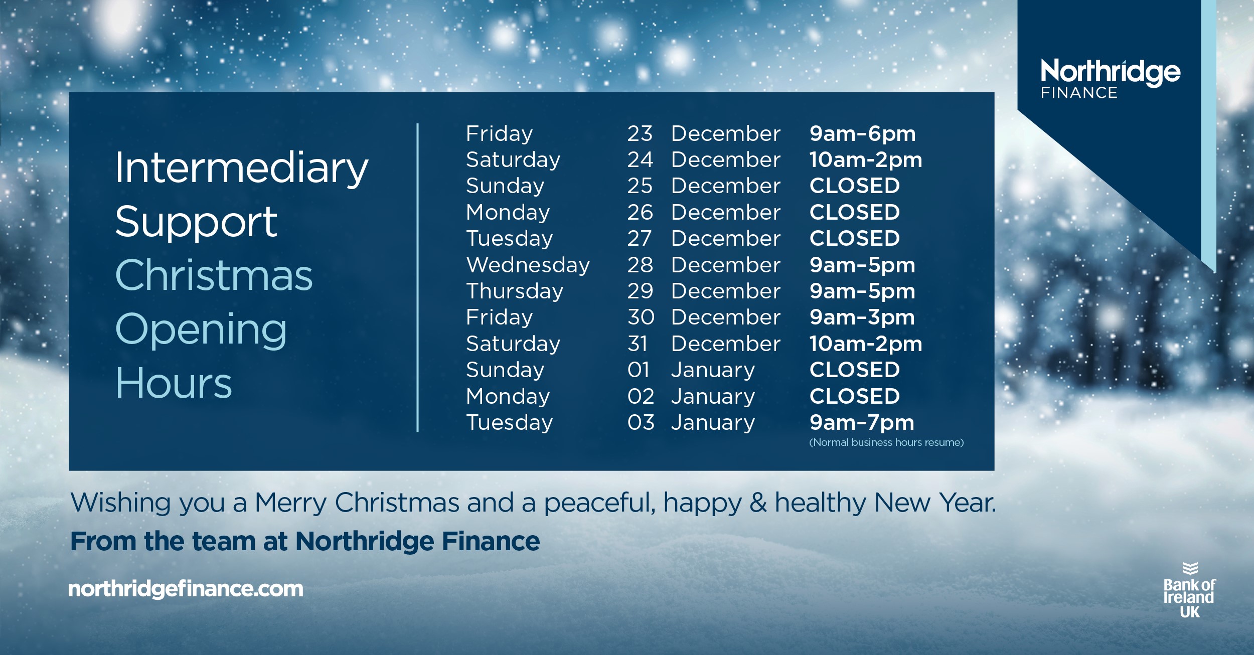 2022 Intermediary Support Festive Opening Hours Northridge